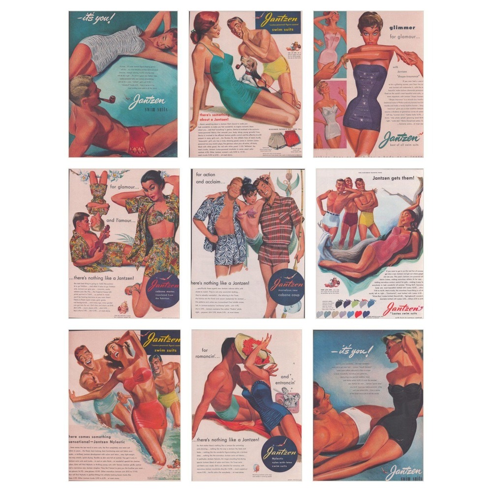 Vintage Jantzen Swimwear Print Ads Lot of 9 Mid Century Beach Fashion 1940s-50s